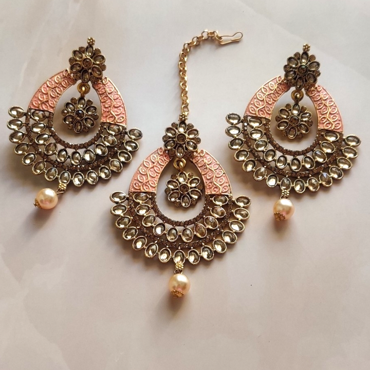 Peach Colour Polki Kundan Earrings with Maangtika - Sparkleeng Jewels