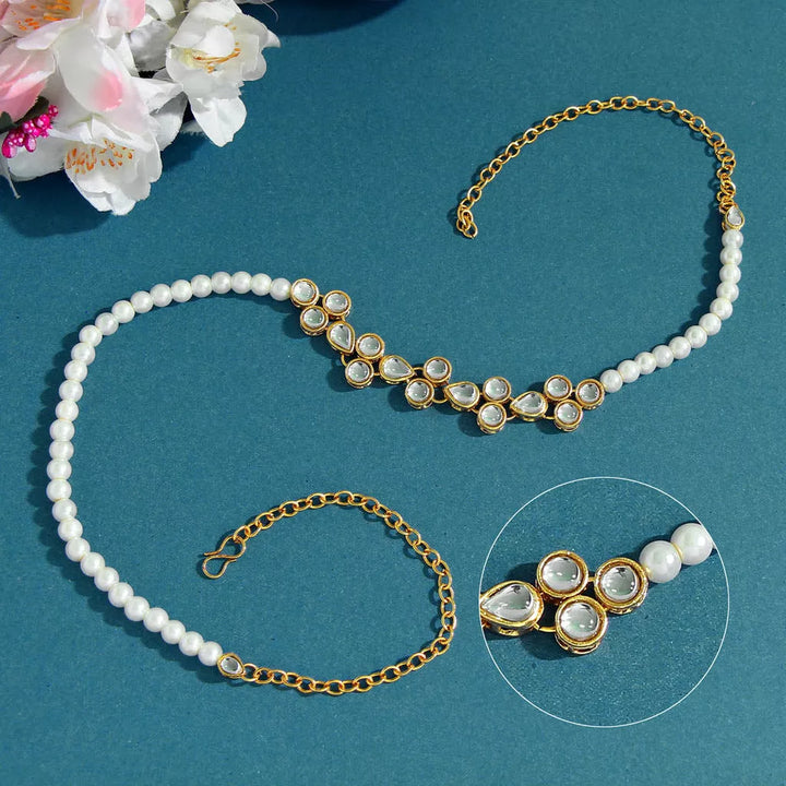 White Kundan and Moti Hairband Style - Sparkleeng  Jewels