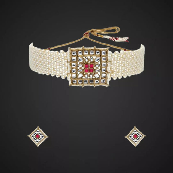 Red stone Kundan & Moti Choker Set - Sparkleeng  Jewels