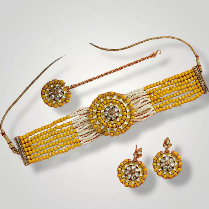 Yellow Antique Choker Necklace Set - Sparkleeng  Jewels