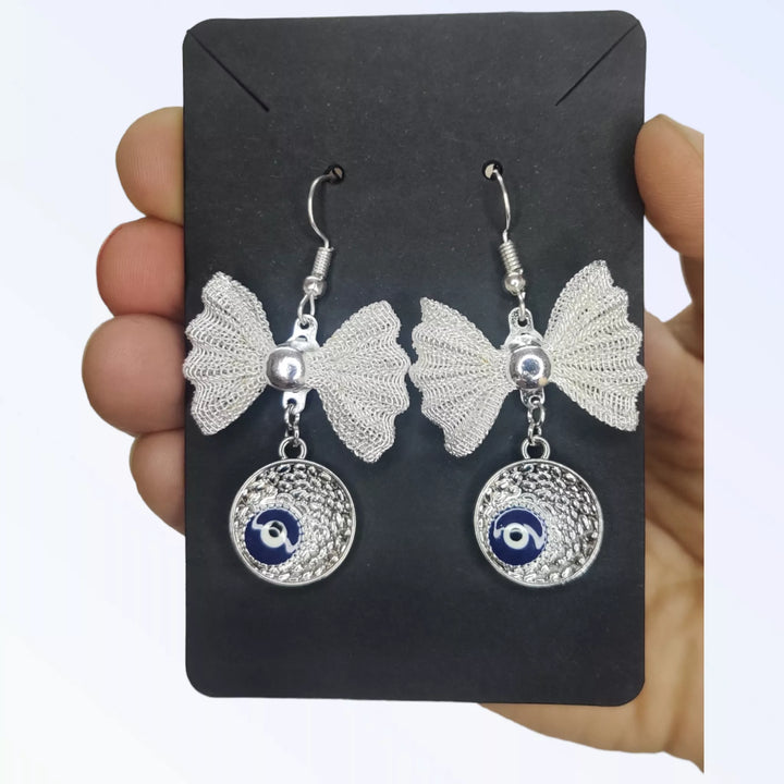 Silver Plated Bow And Evil Eye Earrings - Sparkleeng  Jewels