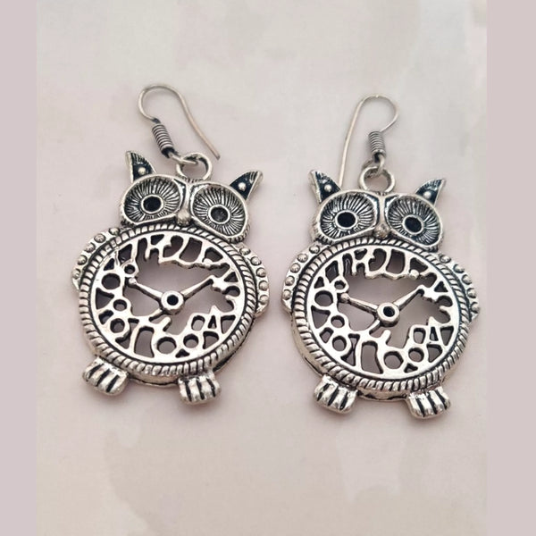 Owl Clock Oxidised Silver Earrings - Western Earrings - Sparkleeng Jewels