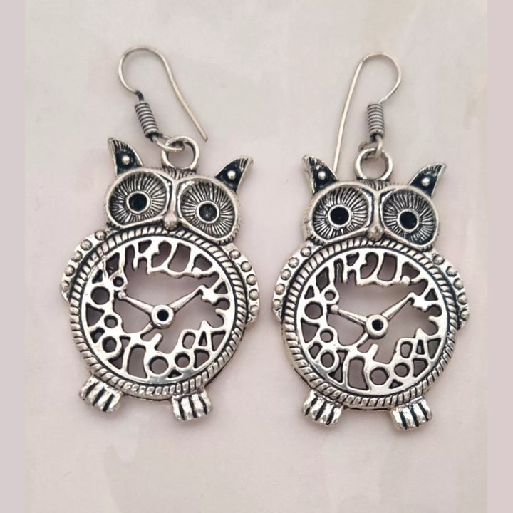 Owl Clock Oxidised Silver Earrings - Western Earrings - Sparkleeng Jewels