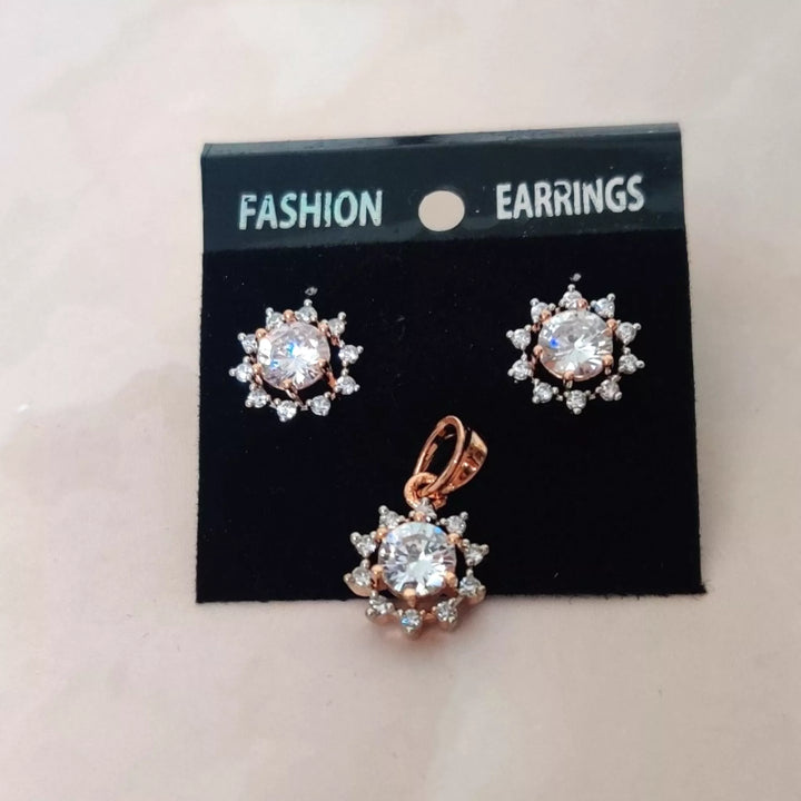 CZ - Rose Gold Sunrise Pendant and Earrings Set - Sparkleeng Jewels