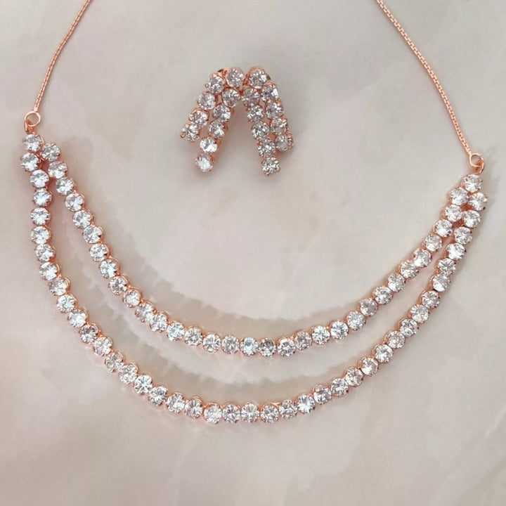 CZ - Double Layered Classic Rose Gold Diamonds Necklace - Sparkleeng Jewels