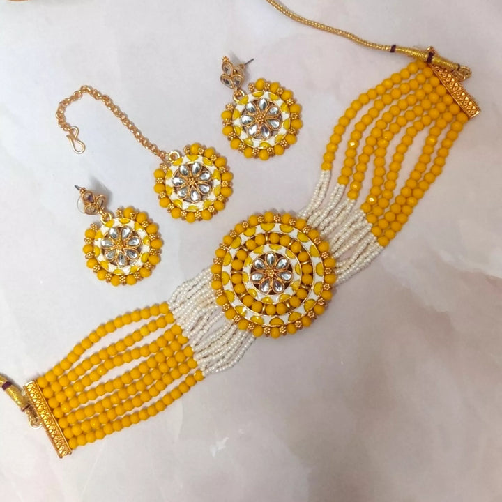 Yellow Antique Choker Necklace Set - Sparkleeng Jewels